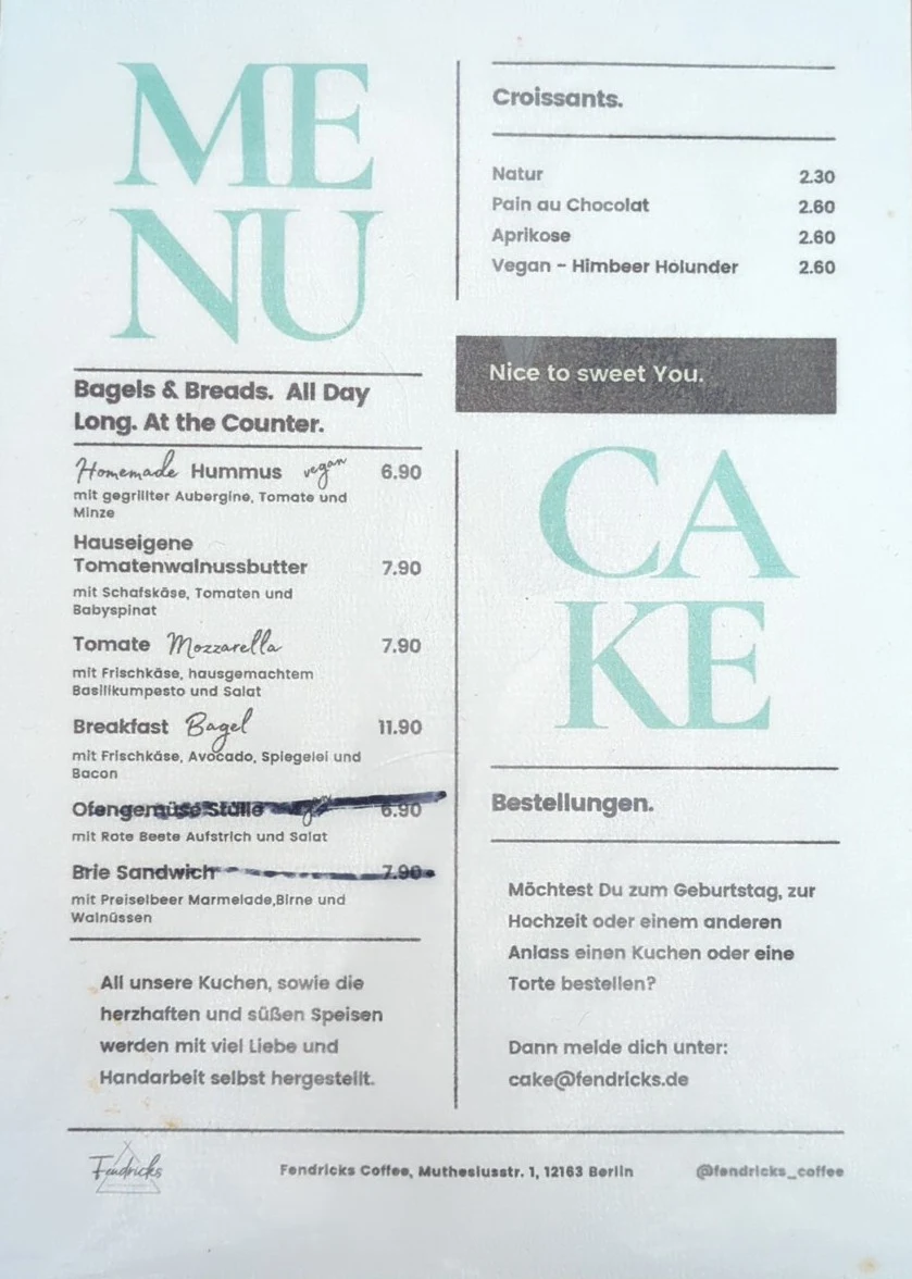 Speisekarte, Fendricks Coffee & Breakfast