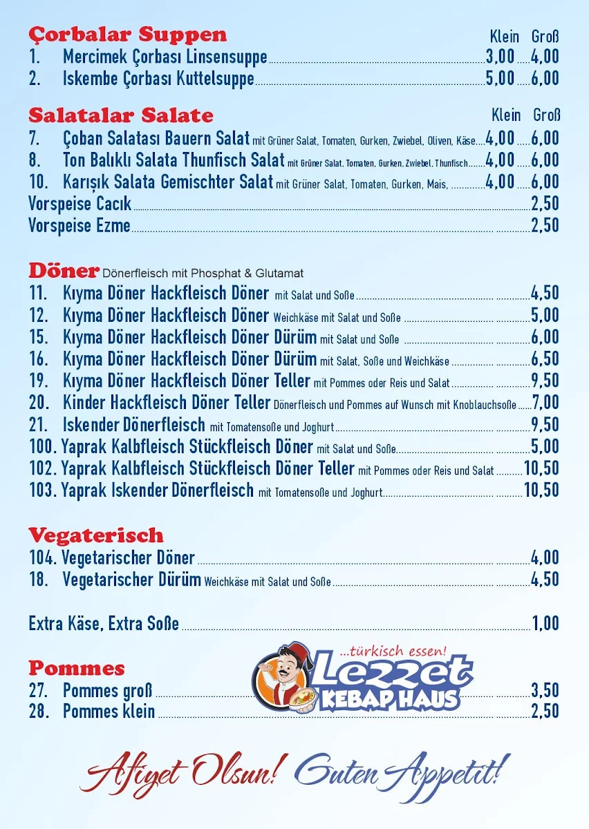 Speisekarte, Lezzet Kebap Haus