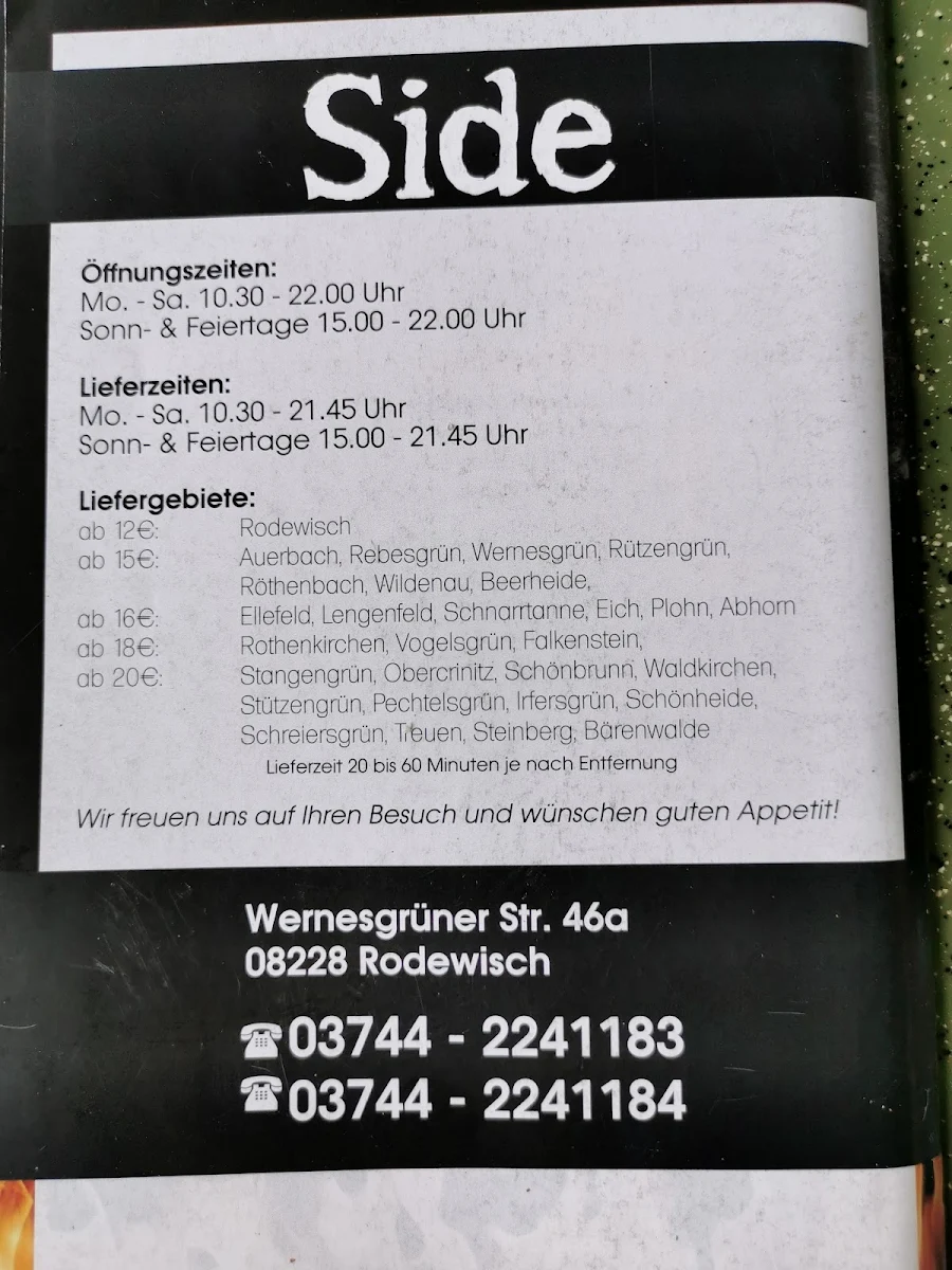 Speisekarte, Pizza Döner Haus Side Rodewisch