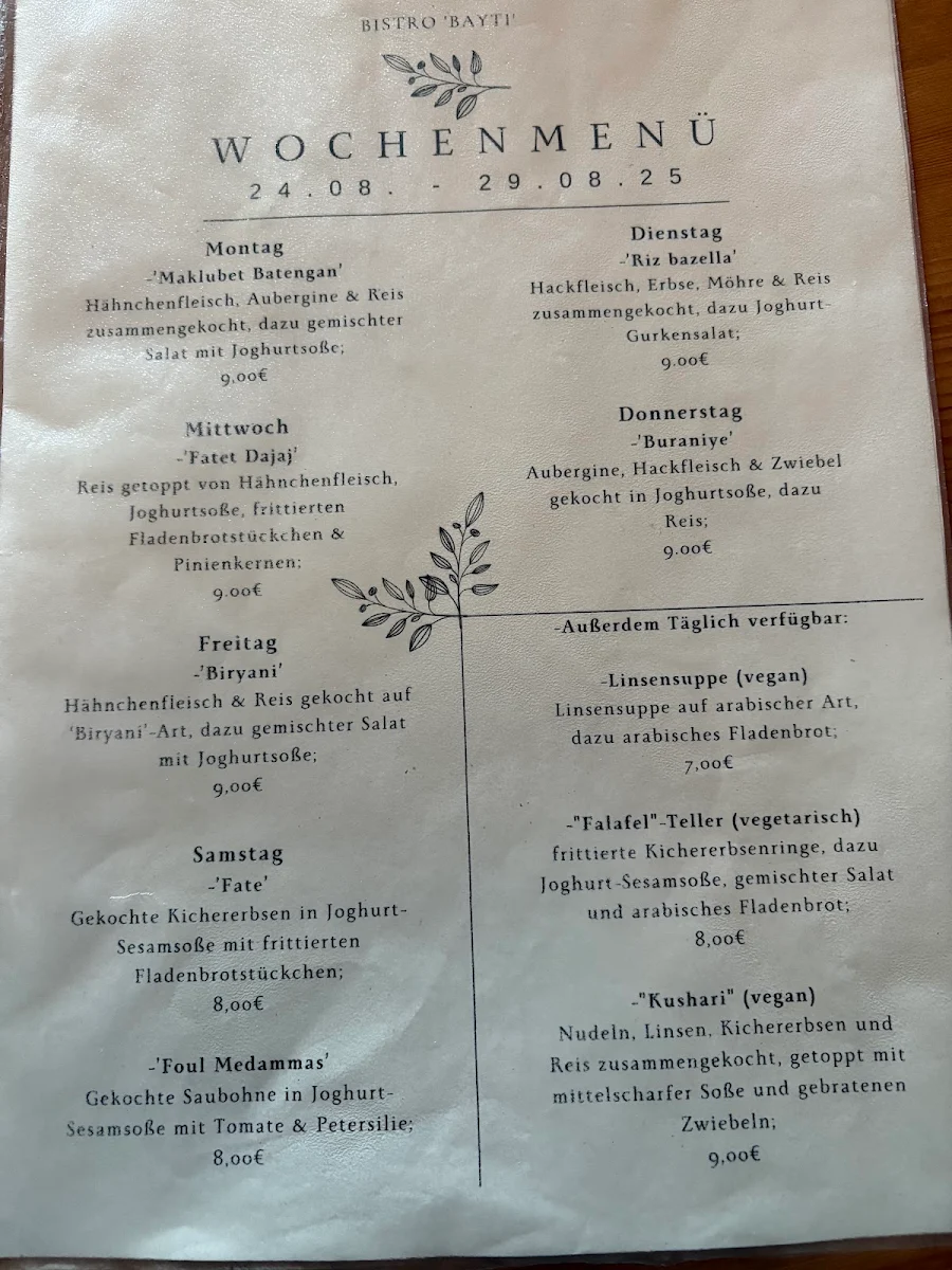 Speisekarte, Bistro BAYTI