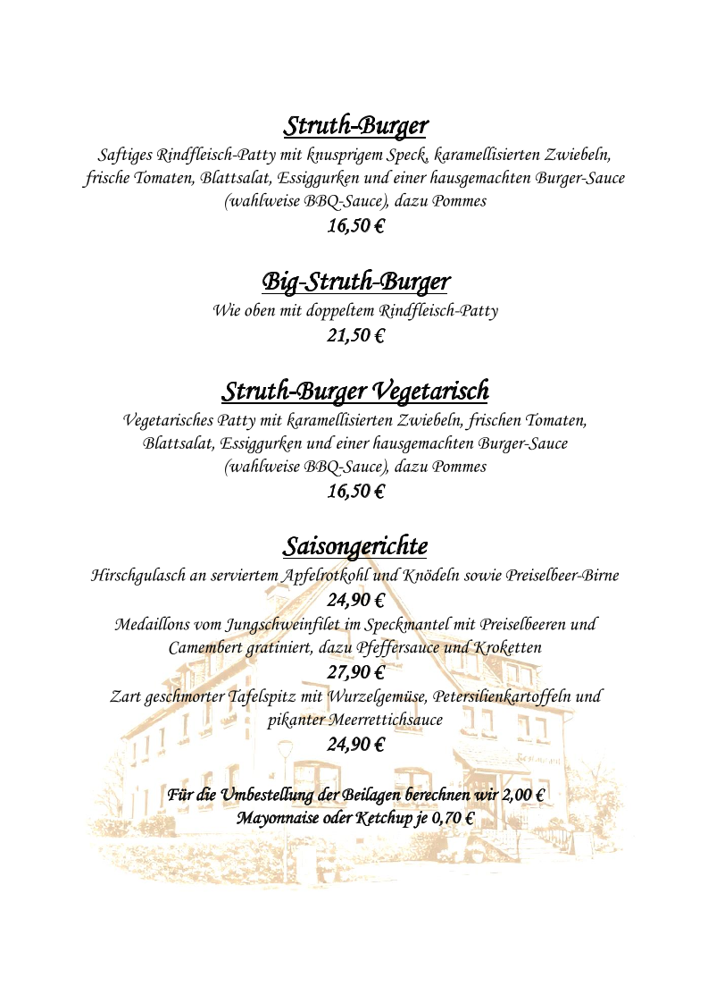 Speisekarte, Hotel & Restaurant »Zur Struth« Neueröffnung 13.01.2026 !!! Betreiberwechsel !!!
