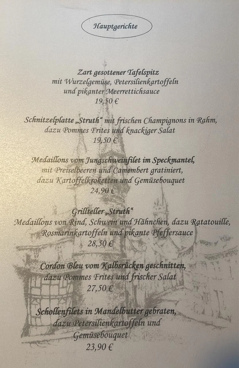 Speisekarte, Hotel & Restaurant »Zur Struth« Neueröffnung 13.01.2026 !!! Betreiberwechsel !!!