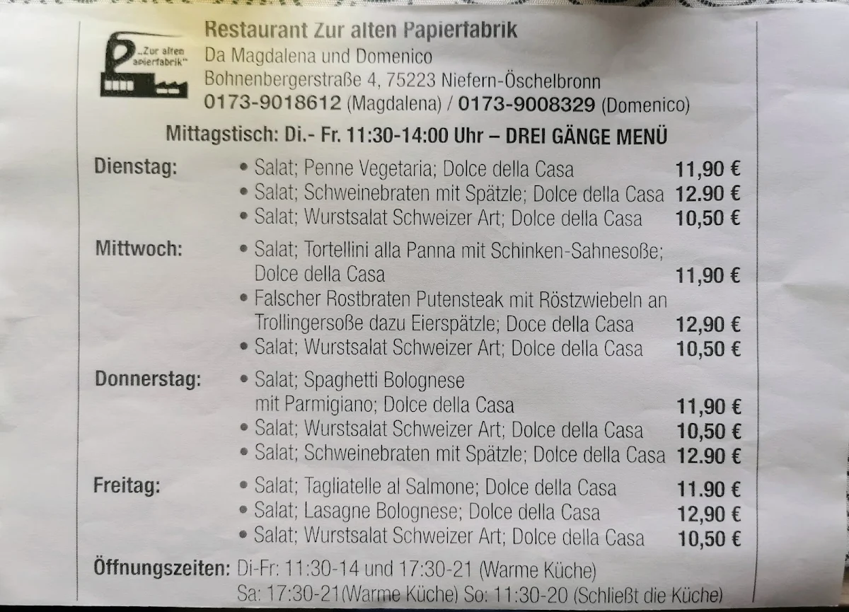 Speisekarte, Vereinsheim Zur alten Papierfabrik