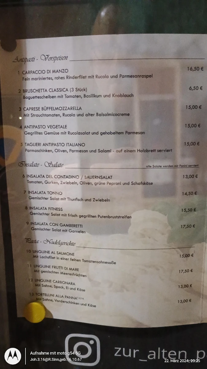 Speisekarte, Vereinsheim Zur alten Papierfabrik