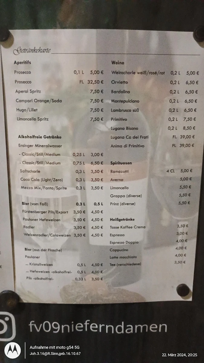 Speisekarte, Vereinsheim Zur alten Papierfabrik
