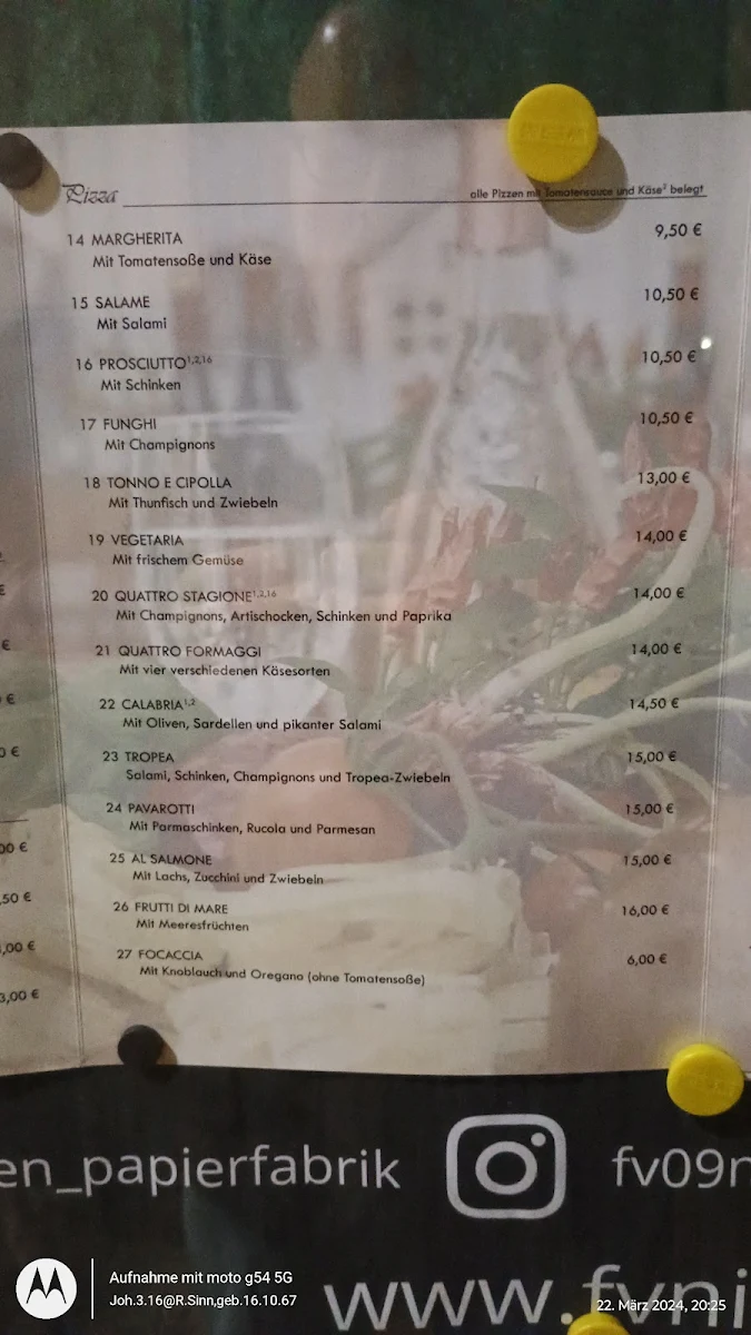 Speisekarte, Vereinsheim Zur alten Papierfabrik