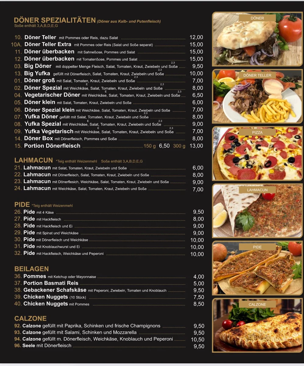 Speisekarte, Yakut Pizza und Döner