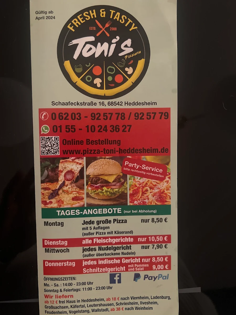 Speisekarte, Toni’s Pizzeria