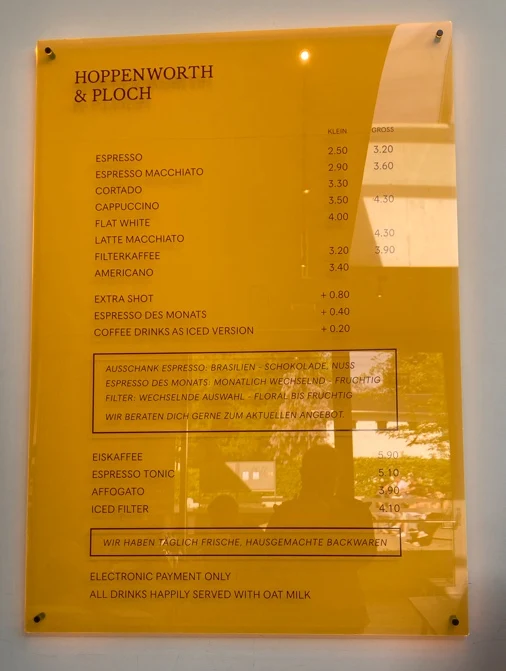 Speisekarte, Hoppenworth & Ploch Café Westend