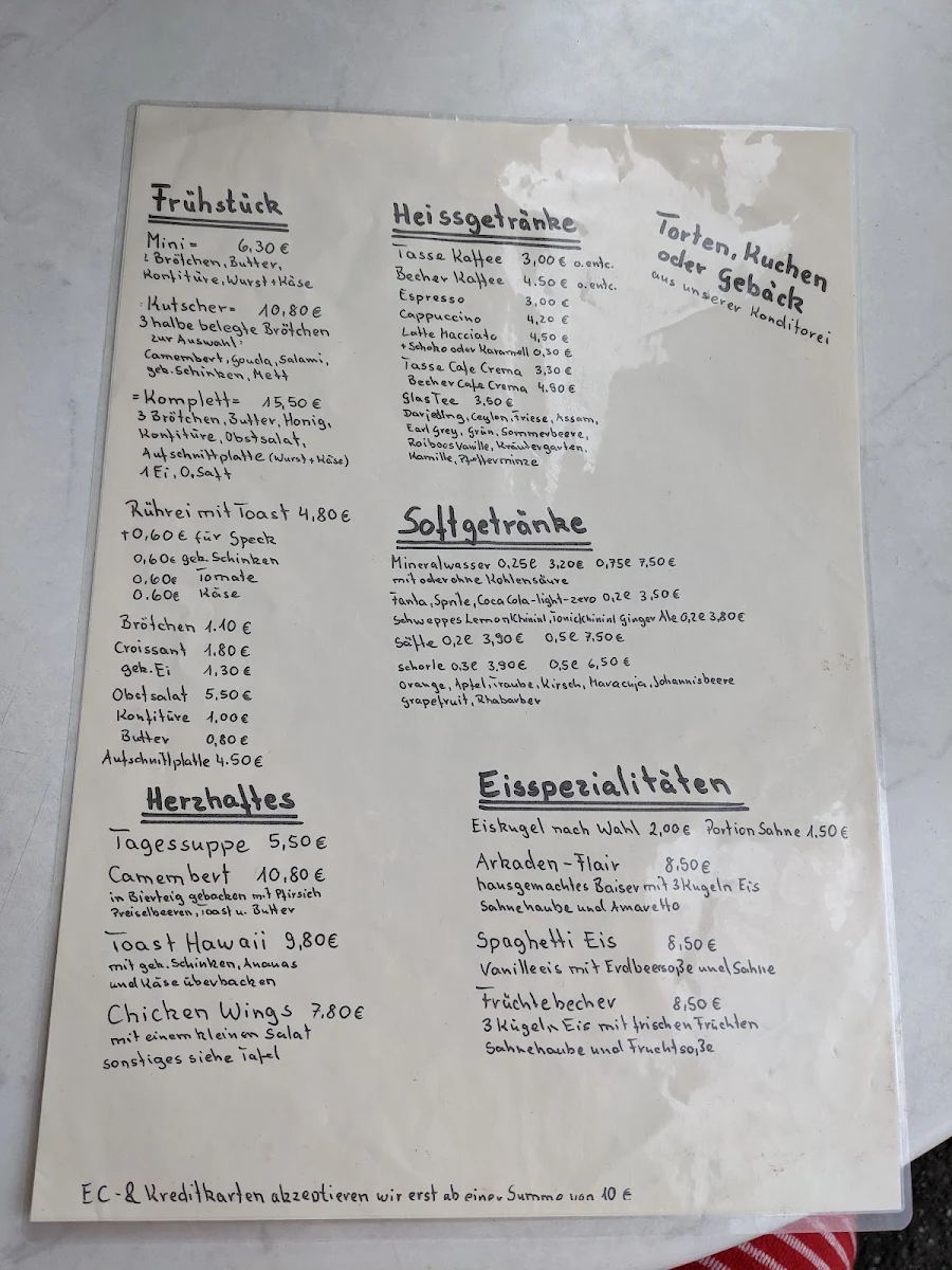 Speisekarte, Arkaden-Cafe