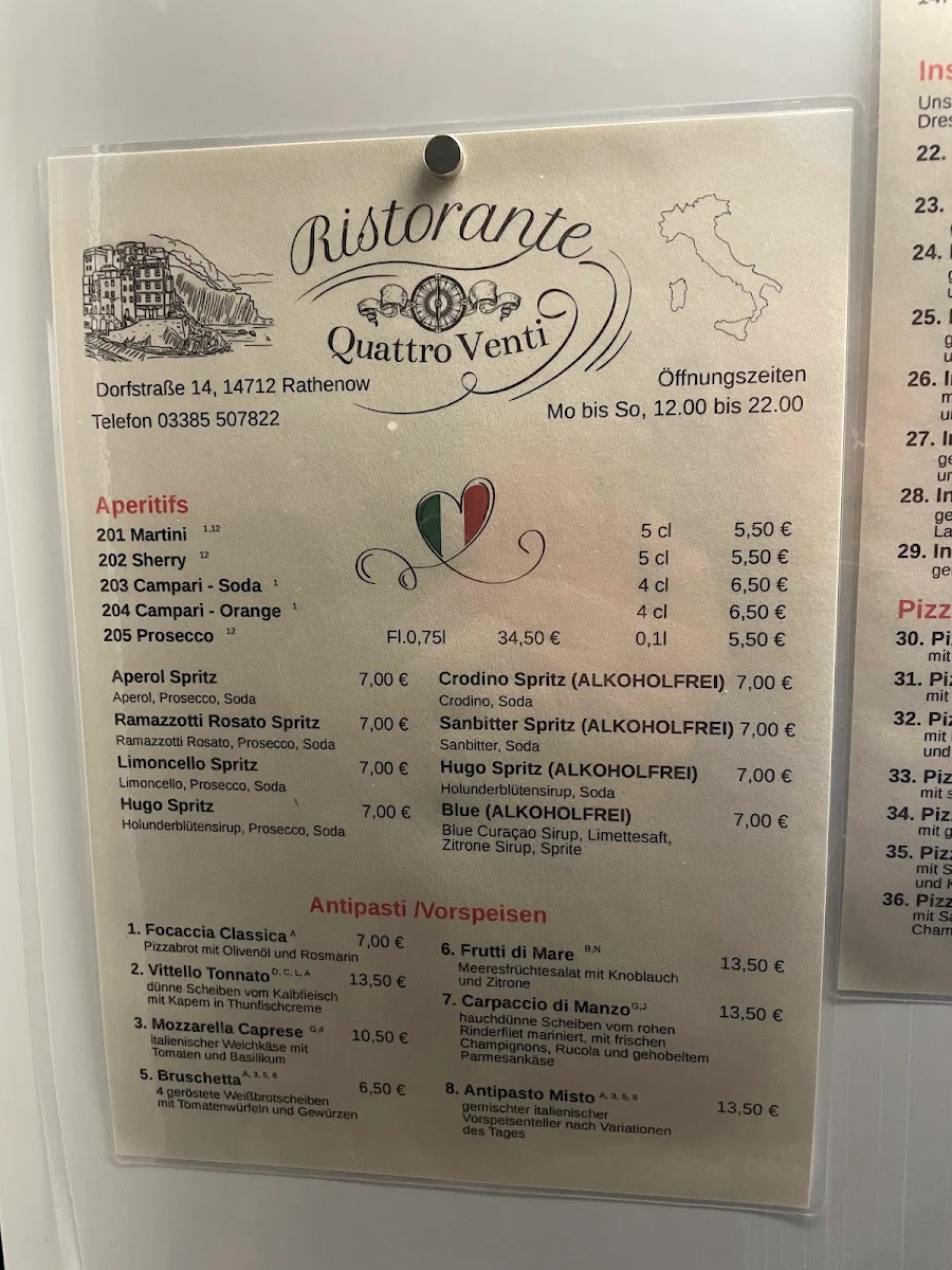 Speisekarte, Ristorante Pizzeria Quattro Venti
