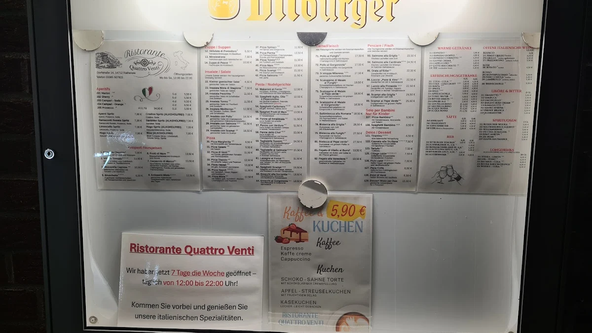 Speisekarte, Ristorante Pizzeria Quattro Venti
