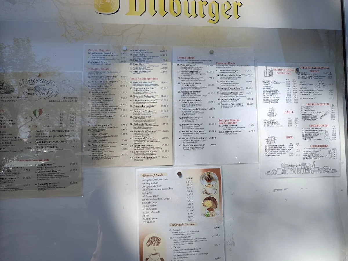 Speisekarte, Ristorante Pizzeria Quattro Venti