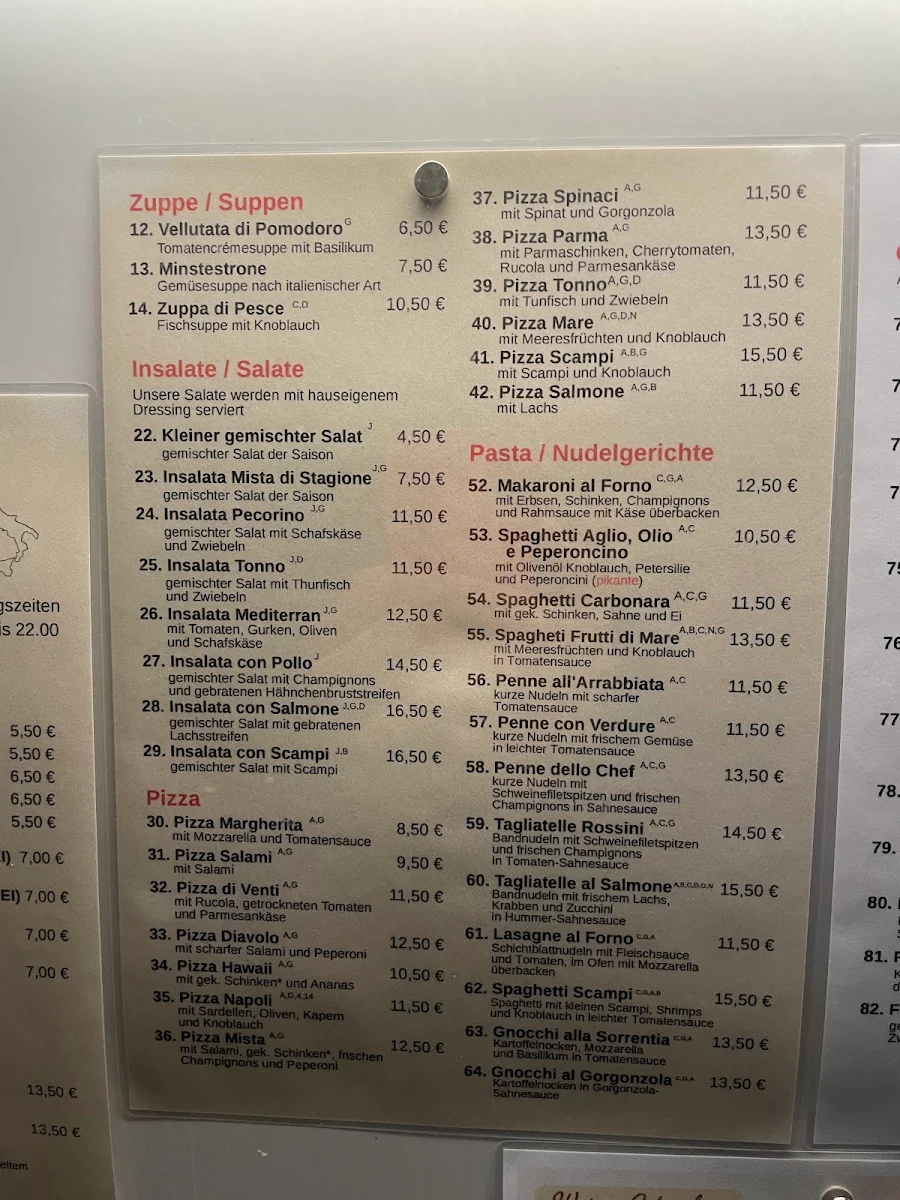 Speisekarte, Ristorante Pizzeria Quattro Venti