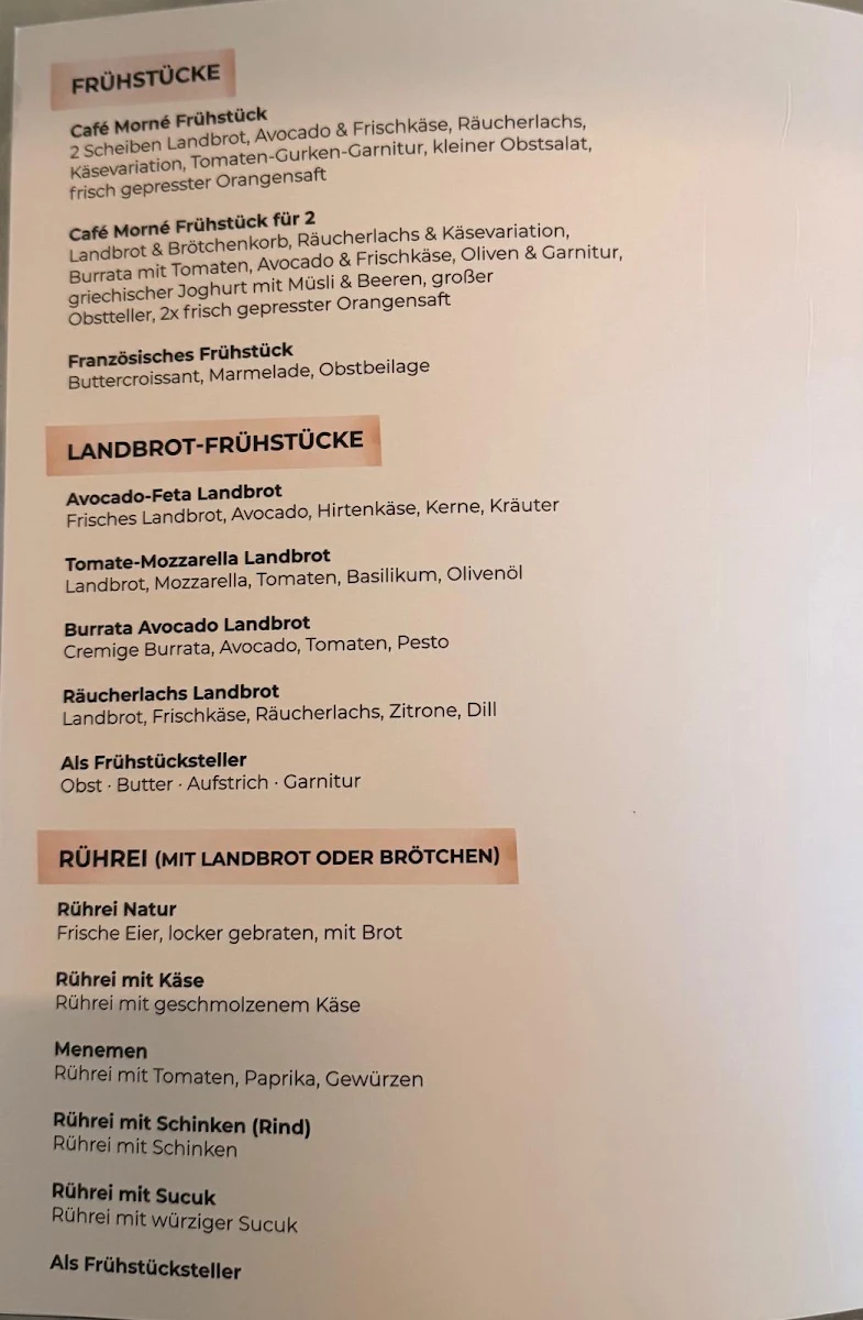 Speisekarte, Café Morné