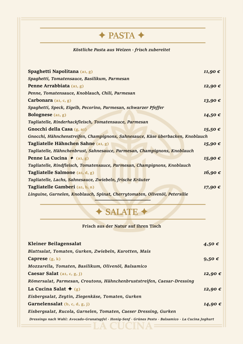 Speisekarte, La Cucina