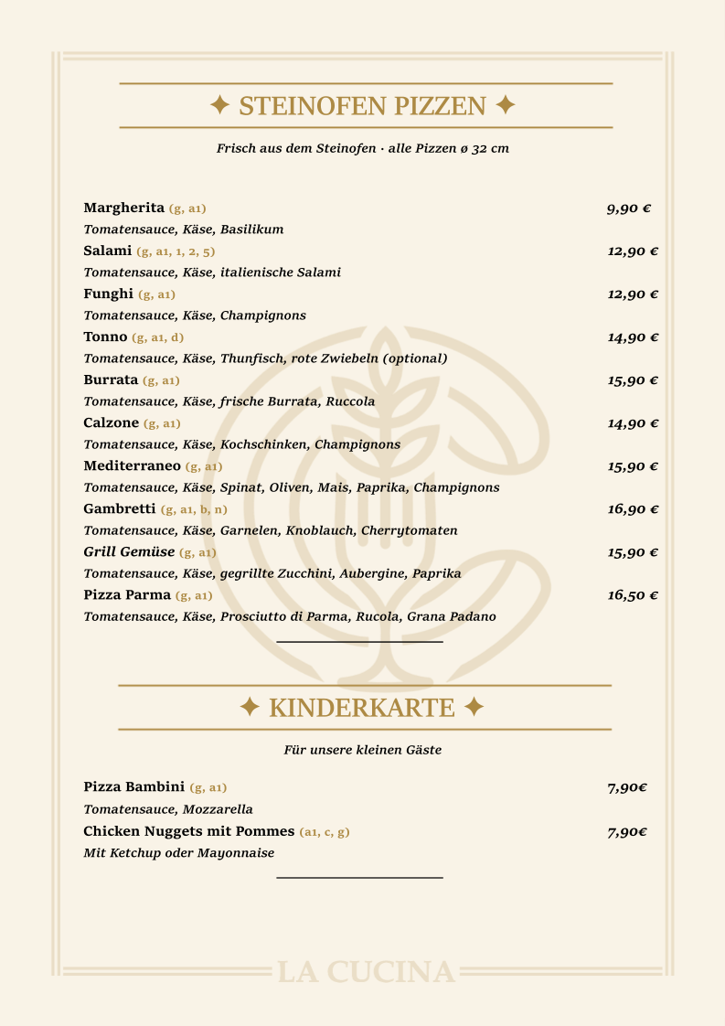 Speisekarte, La Cucina