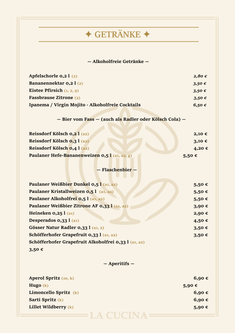 Speisekarte, La Cucina