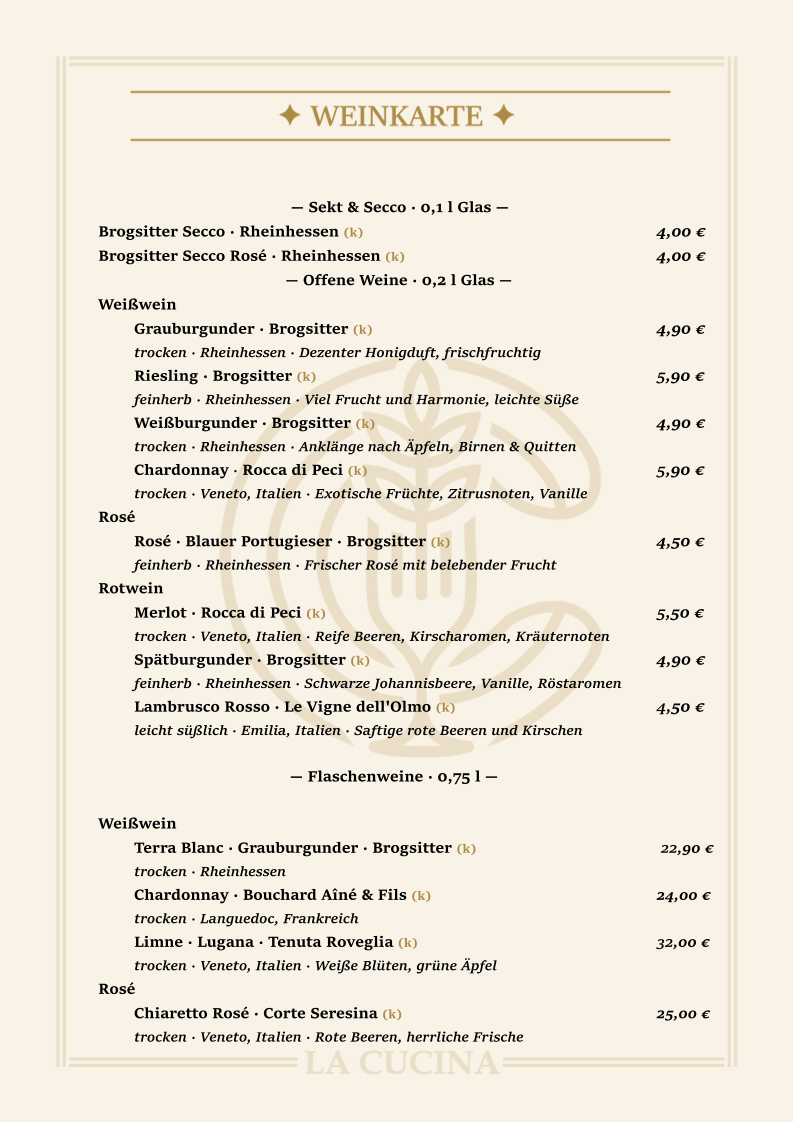 Speisekarte, La Cucina