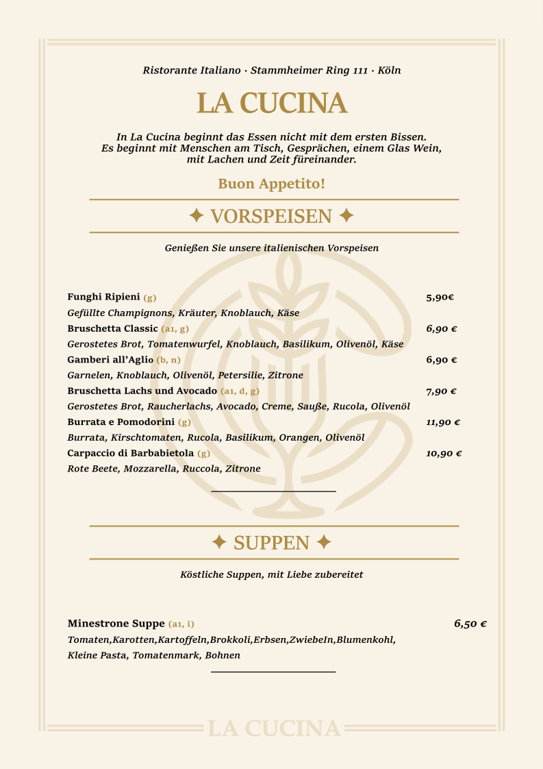 Speisekarte, La Cucina