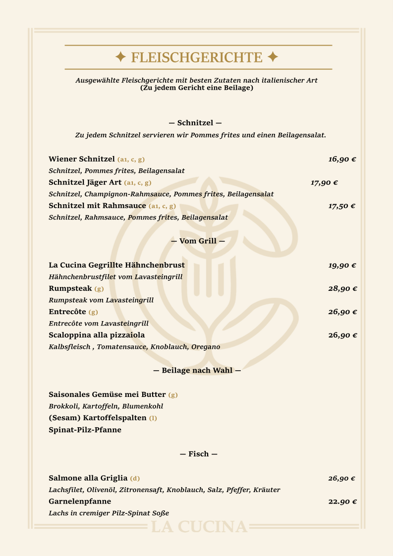Speisekarte, La Cucina