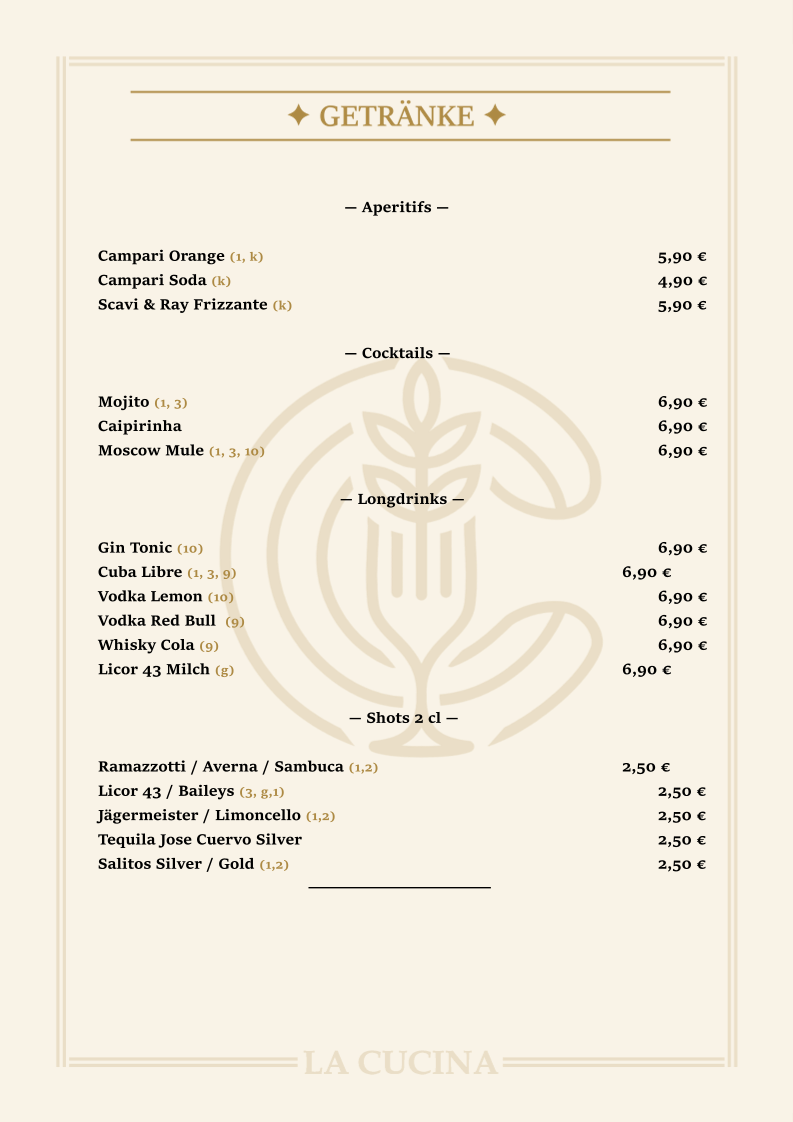 Speisekarte, La Cucina