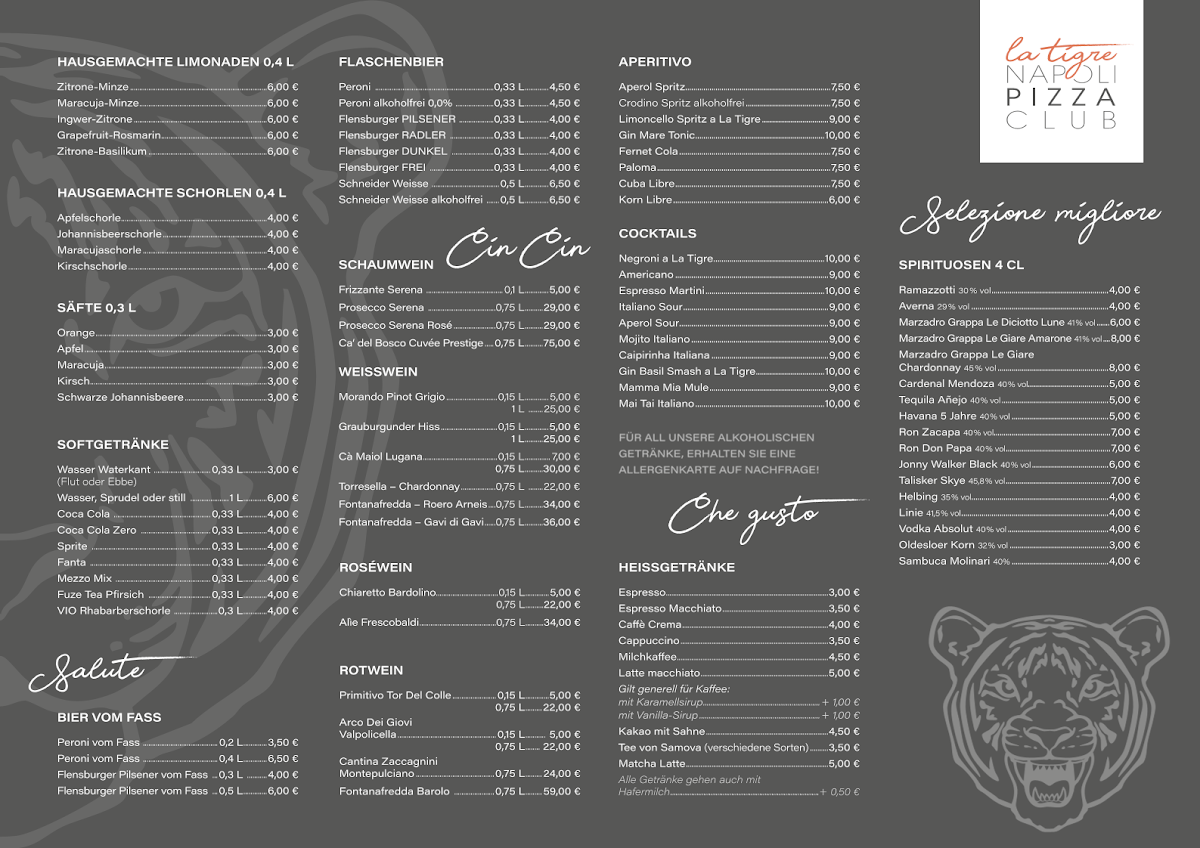 Speisekarte, La Tigre - Napoli Pizza Club