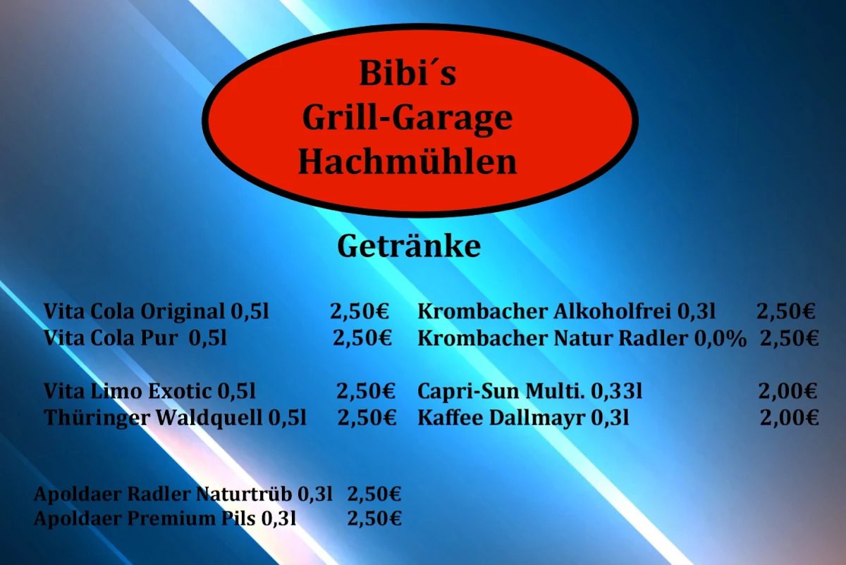 Speisekarte, Bibi's Grill-Garage Hachmühlen