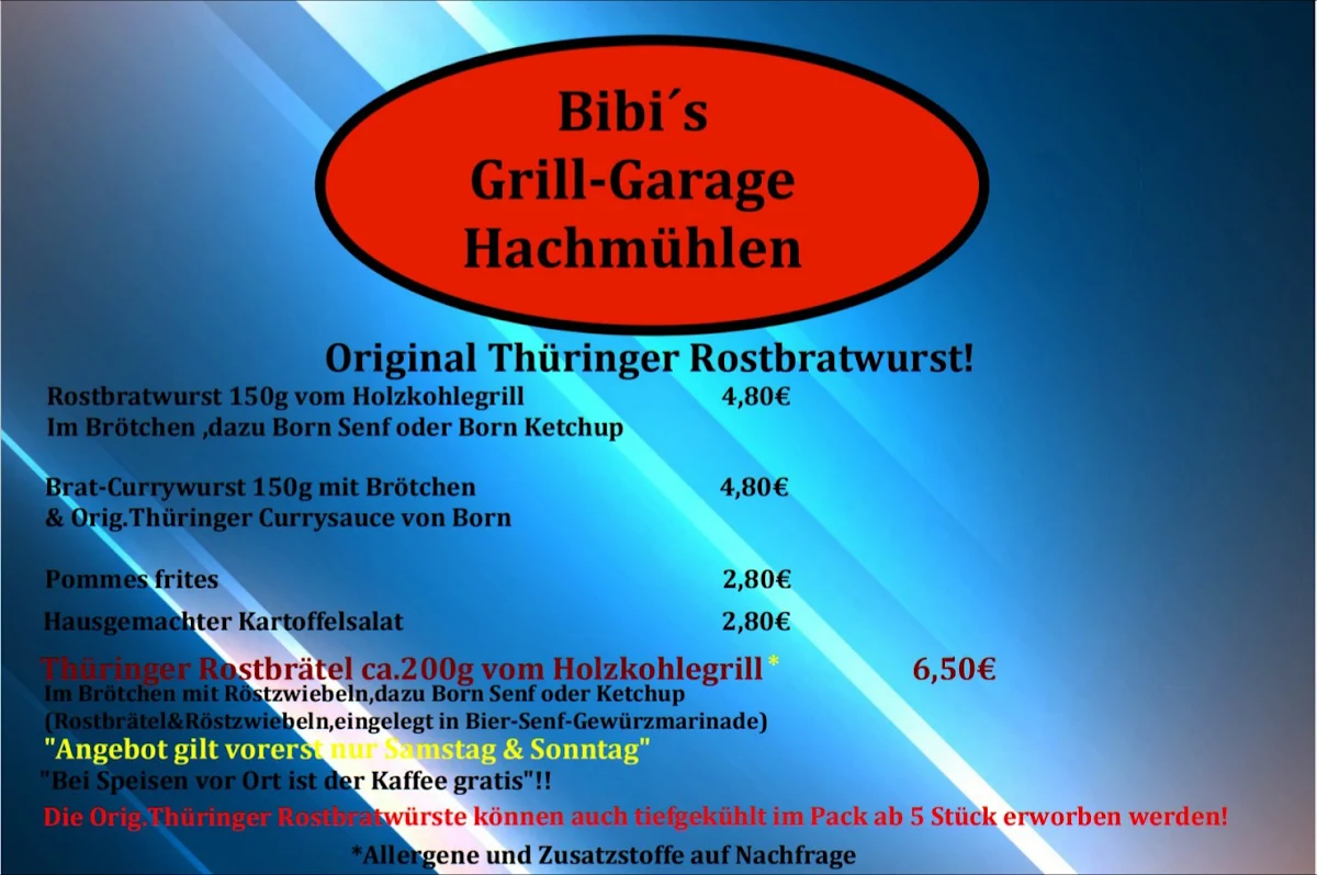 Speisekarte, Bibi's Grill-Garage Hachmühlen