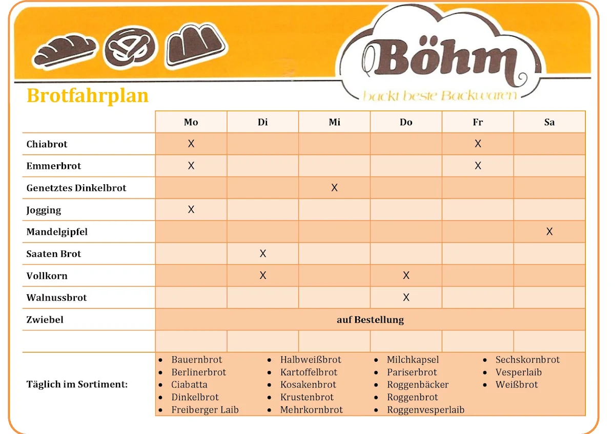 Speisekarte, Bäckerei Böhm GmbH