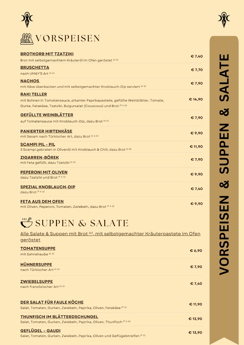 Speisekarte, Umay's Steak- und Fischrestaurant