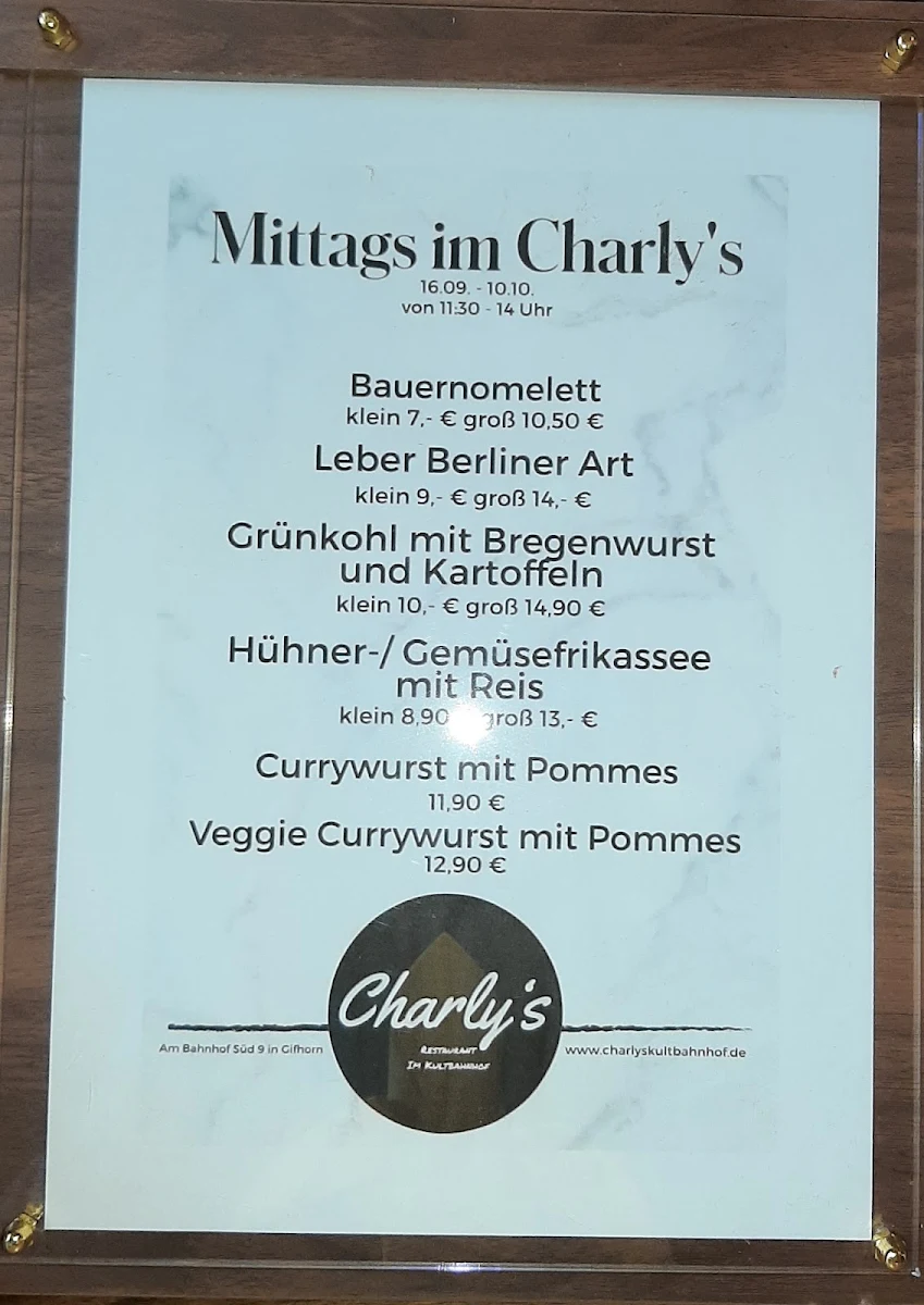 Speisekarte, Charlys Restaurant