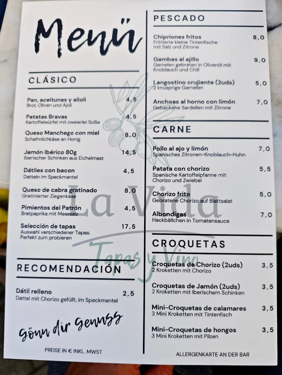 Speisekarte, La Vida - Tapas y Vino
