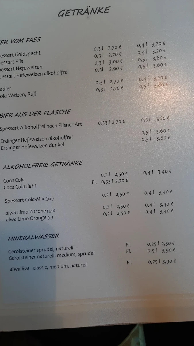 Speisekarte, Gasthaus zur Rose