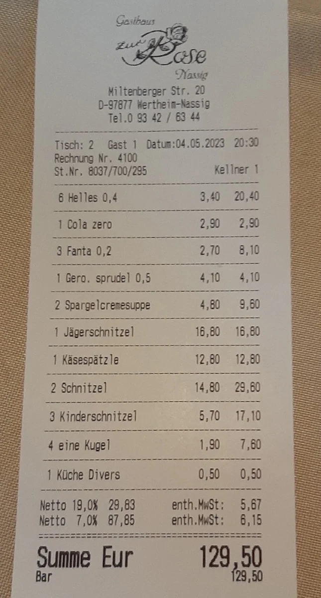 Speisekarte, Gasthaus zur Rose