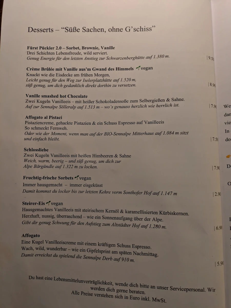 Speisekarte, Schlosskeller Restaurant