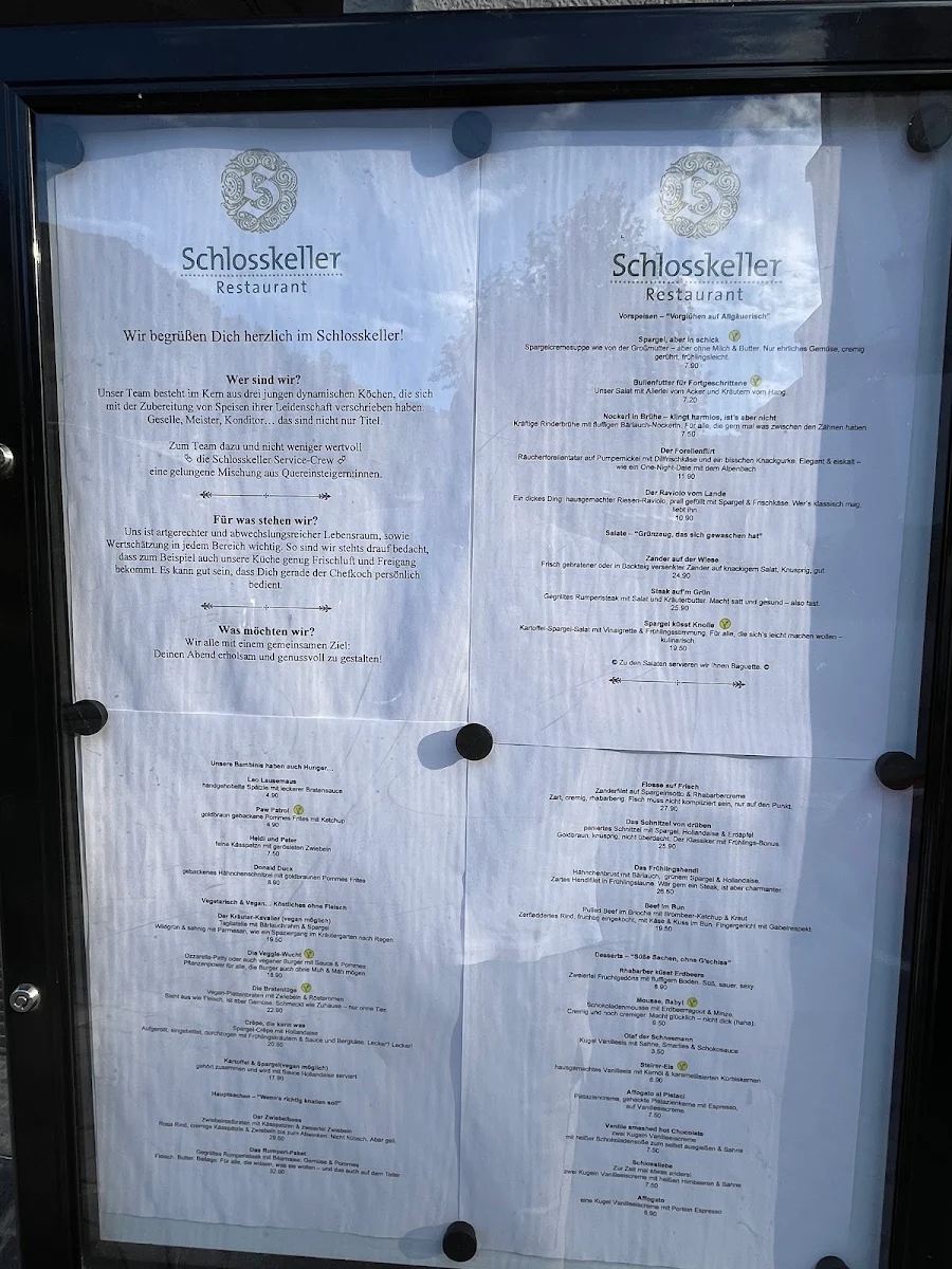 Speisekarte, Schlosskeller Restaurant