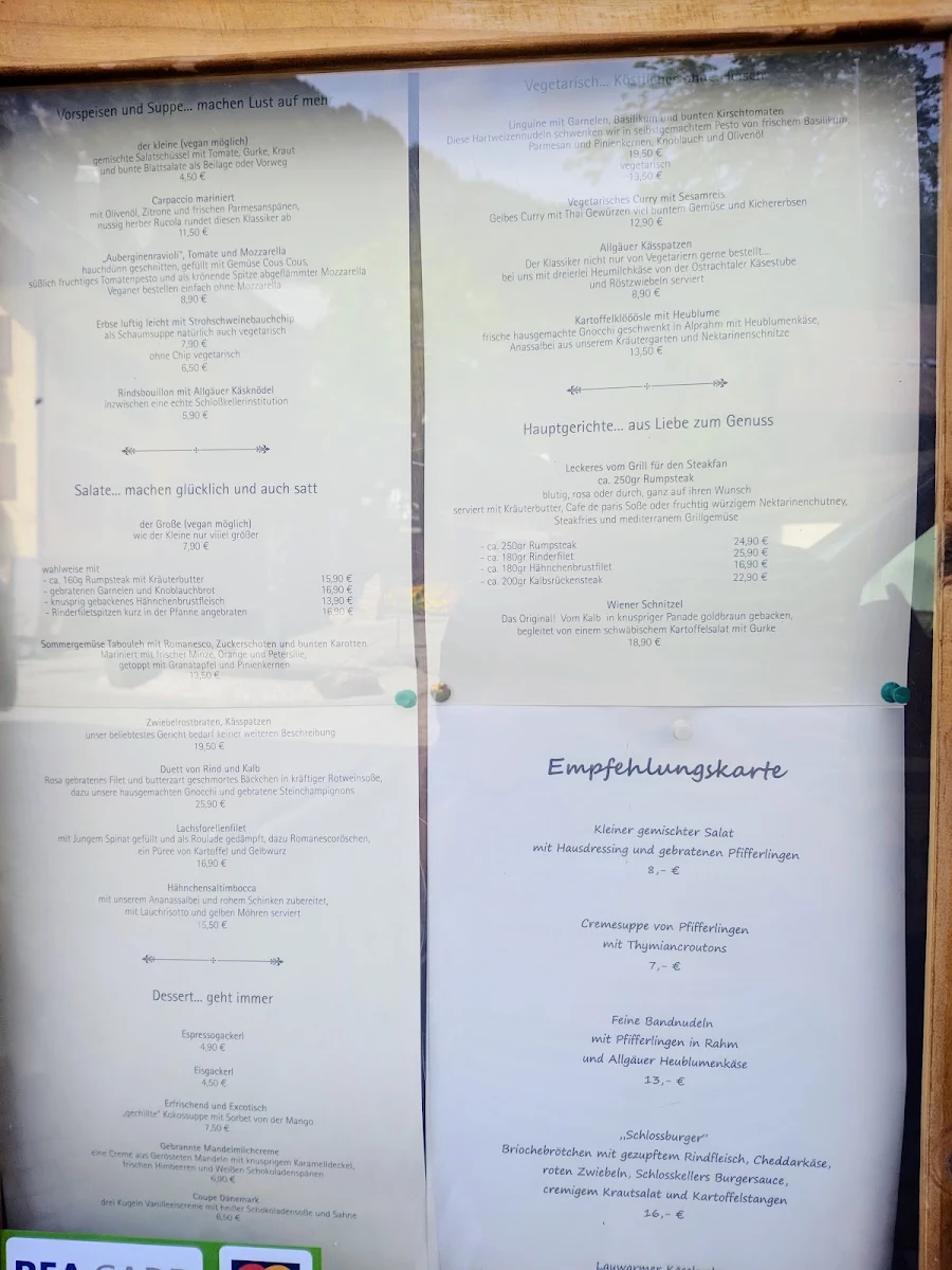Speisekarte, Schlosskeller Restaurant