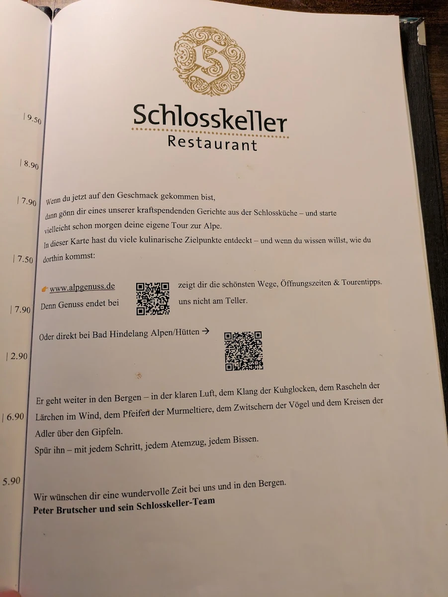Speisekarte, Schlosskeller Restaurant