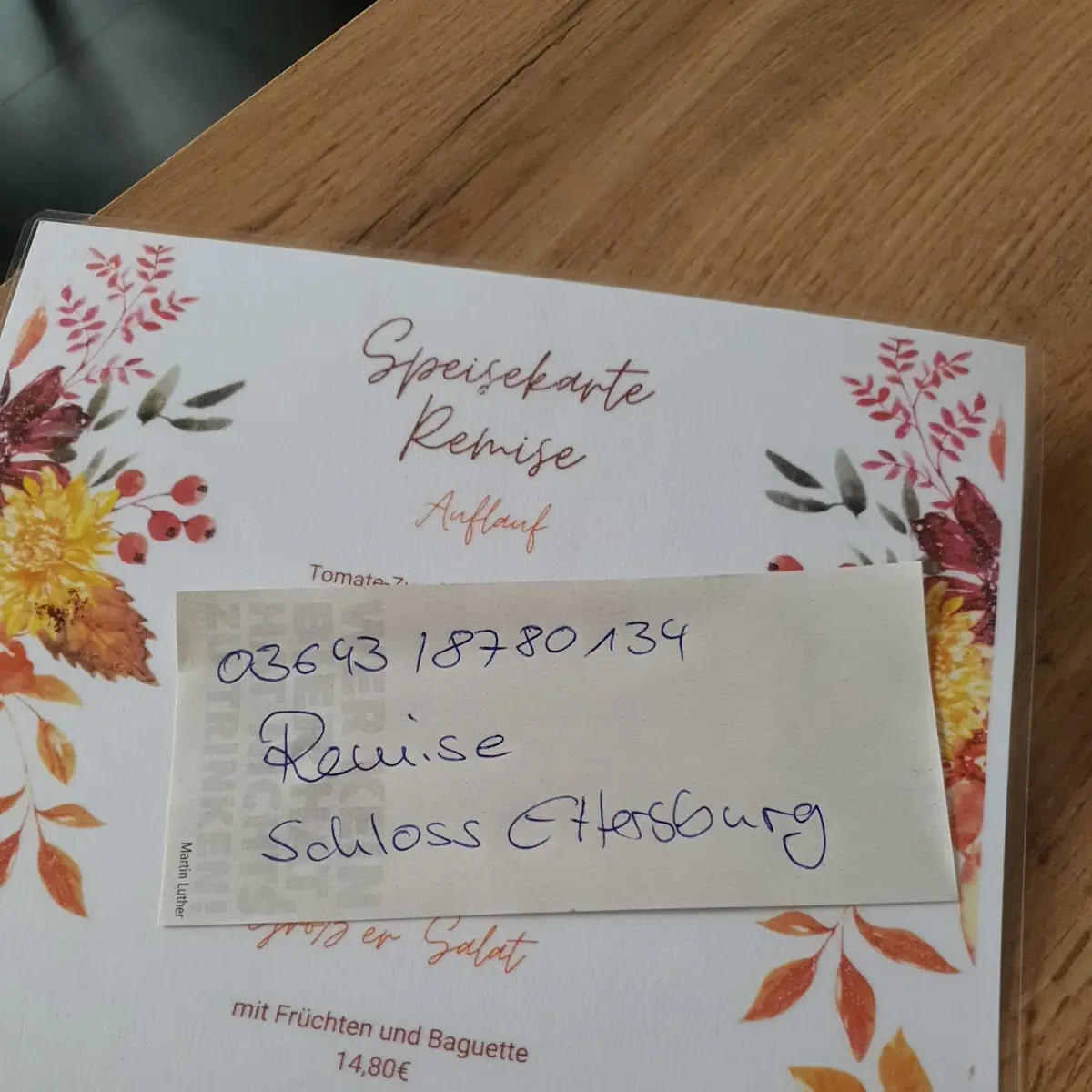 Speisekarte, Remise Schloss Ettersburg