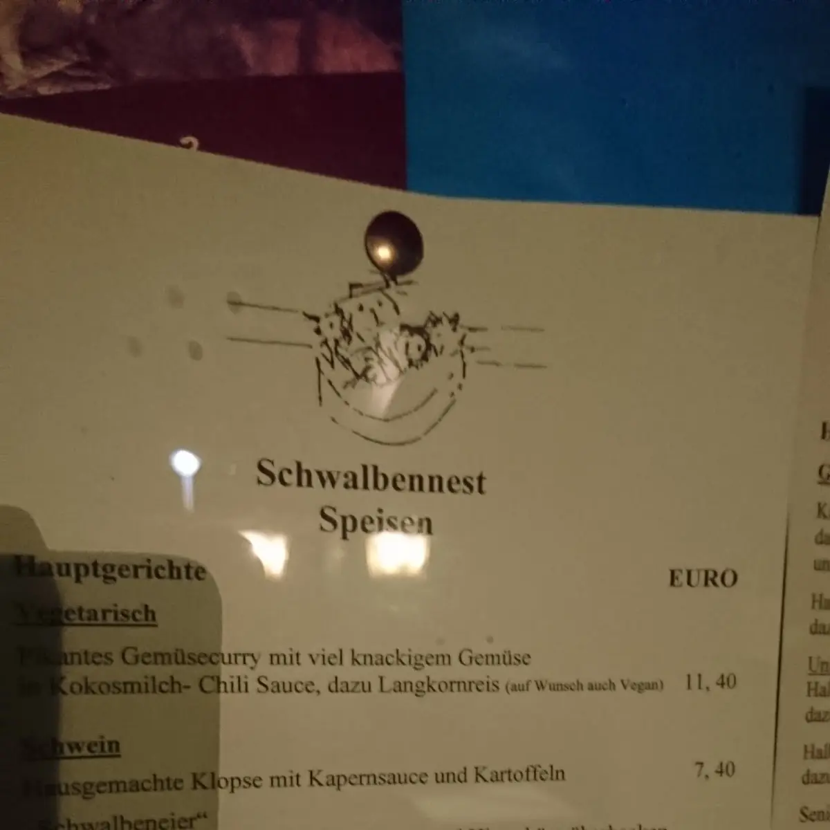 Speisekarte, Schwalbennest Niederwiesa