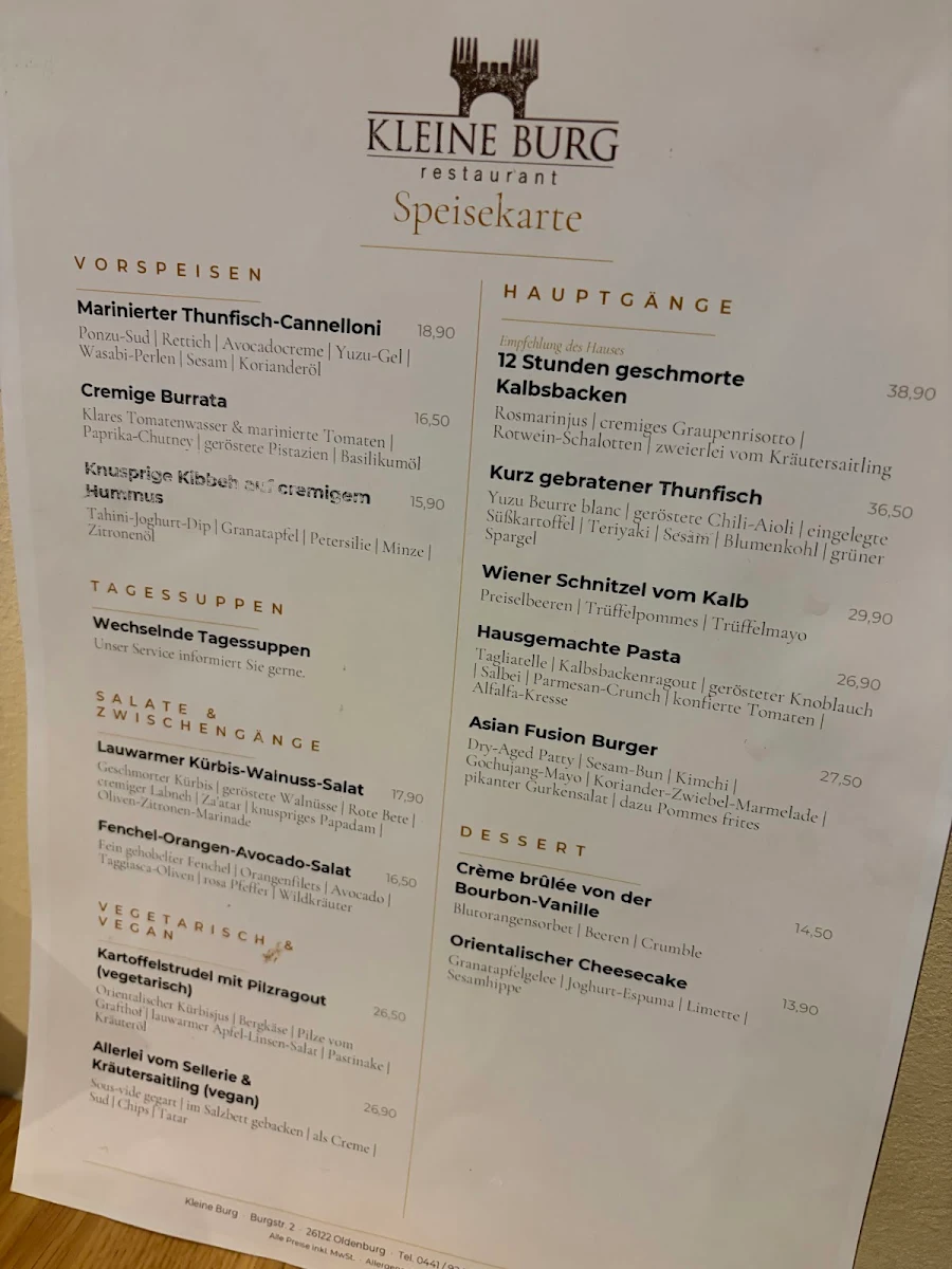 Speisekarte, Kleine Burg