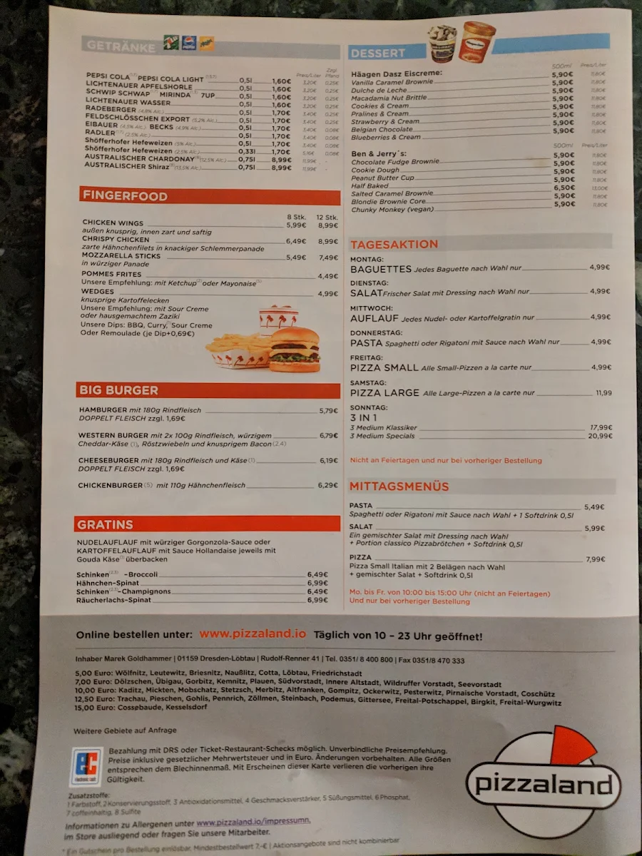 Speisekarte, PizzaLand Dresden - Dein Pizza-Lieferdienst