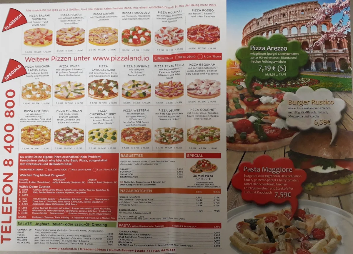 Speisekarte, PizzaLand Dresden - Dein Pizza-Lieferdienst