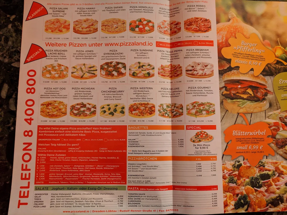 Speisekarte, PizzaLand Dresden - Dein Pizza-Lieferdienst