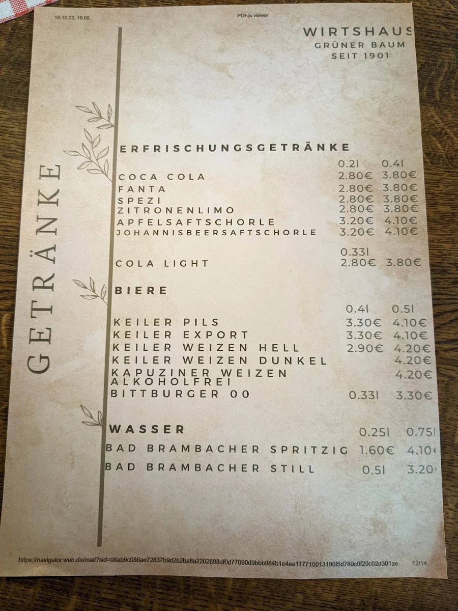 Speisekarte, Gasthaus Grüner Baum