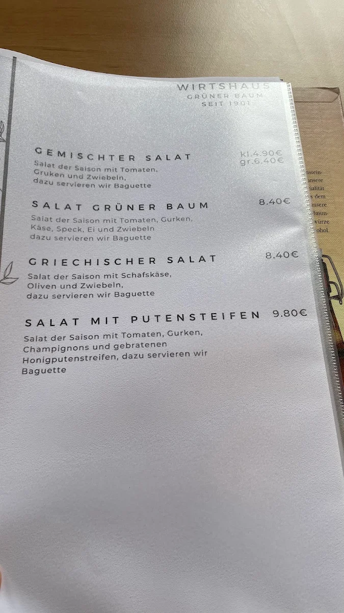 Speisekarte, Gasthaus Grüner Baum