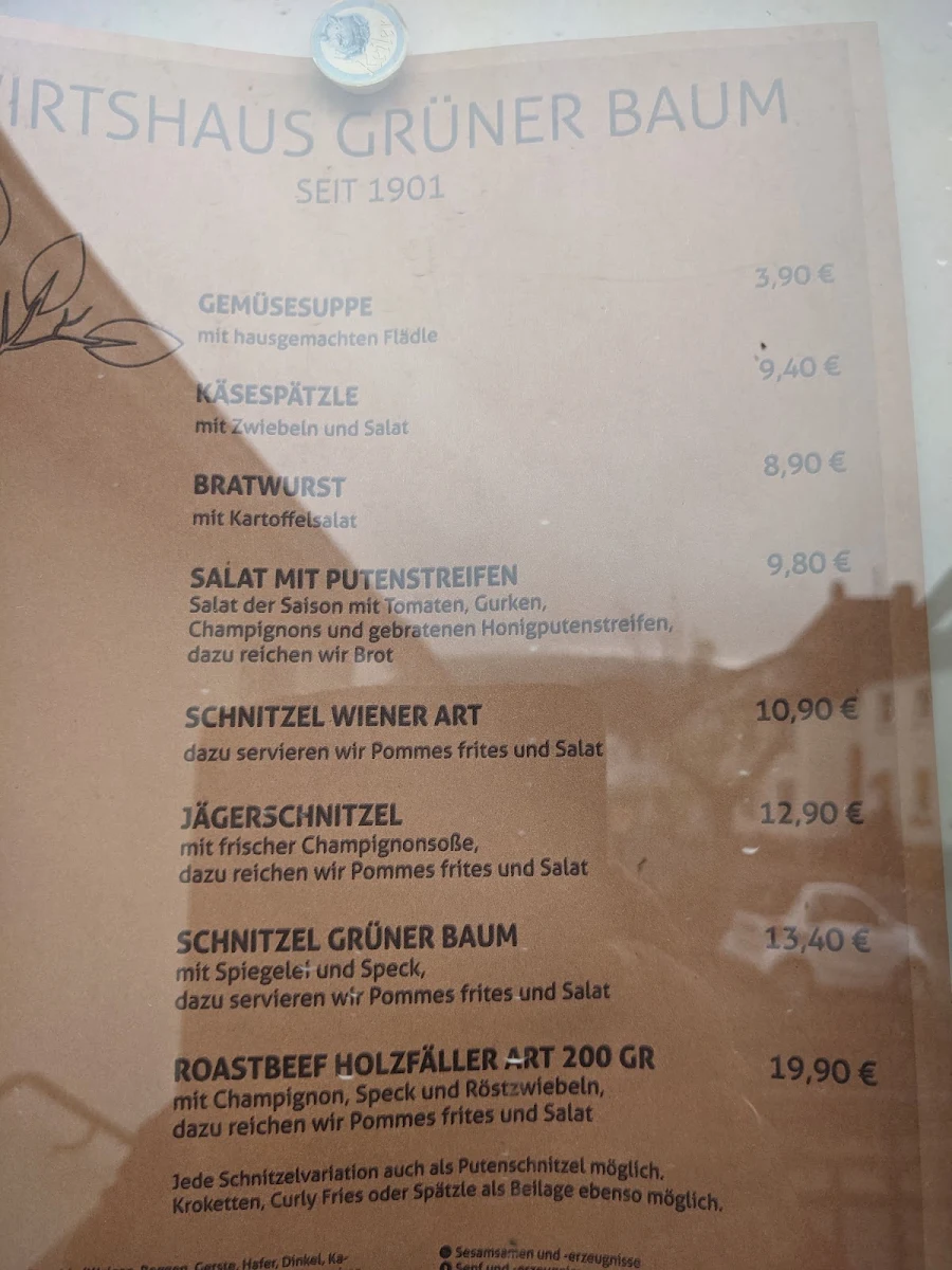 Speisekarte, Gasthaus Grüner Baum