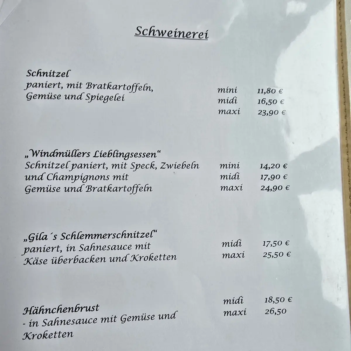 Speisekarte, Gila's Gute Stube