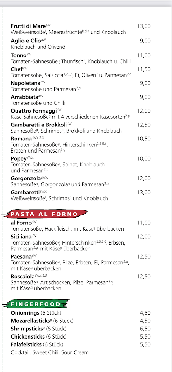 Speisekarte, Angelo's Pizza & Pasta